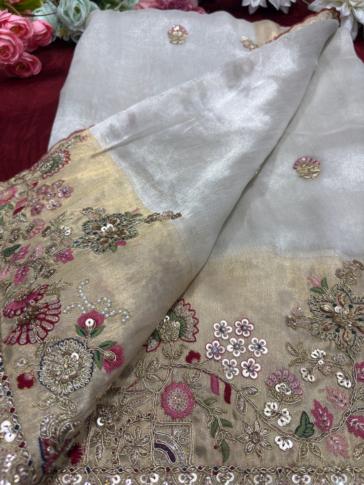 Elegant Ivory Silk Saree with Peacock Embroidery & Heavy Bridal Blouse