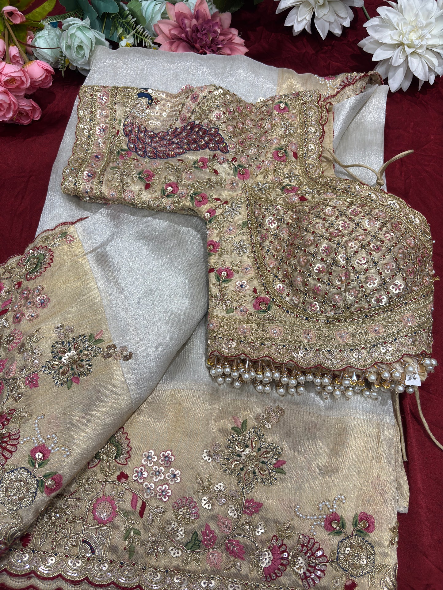 Elegant Ivory Silk Saree with Peacock Embroidery & Heavy Bridal Blouse