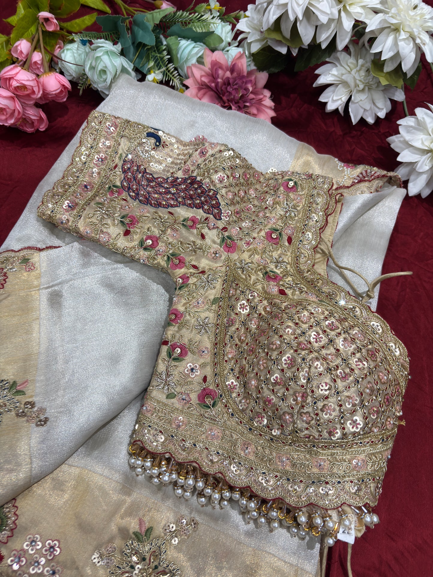 Elegant Ivory Silk Saree with Peacock Embroidery & Heavy Bridal Blouse