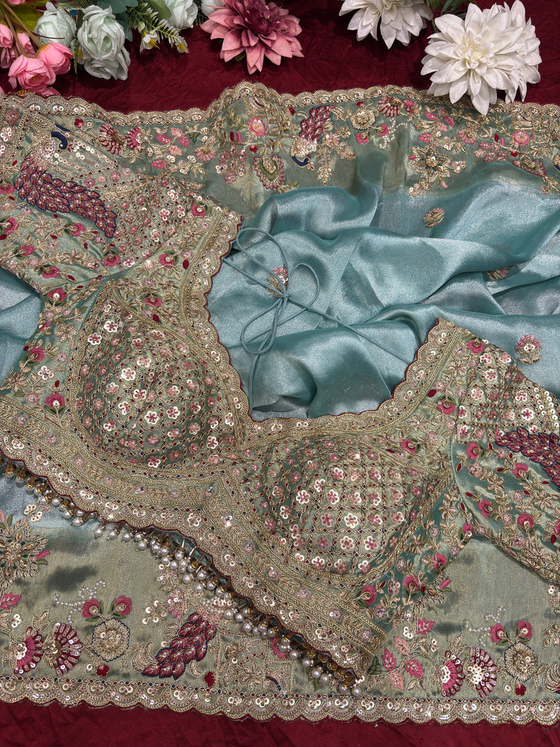 Sea Blue Silk Saree with Peacock Embroidery & Heavy Designer Blouse