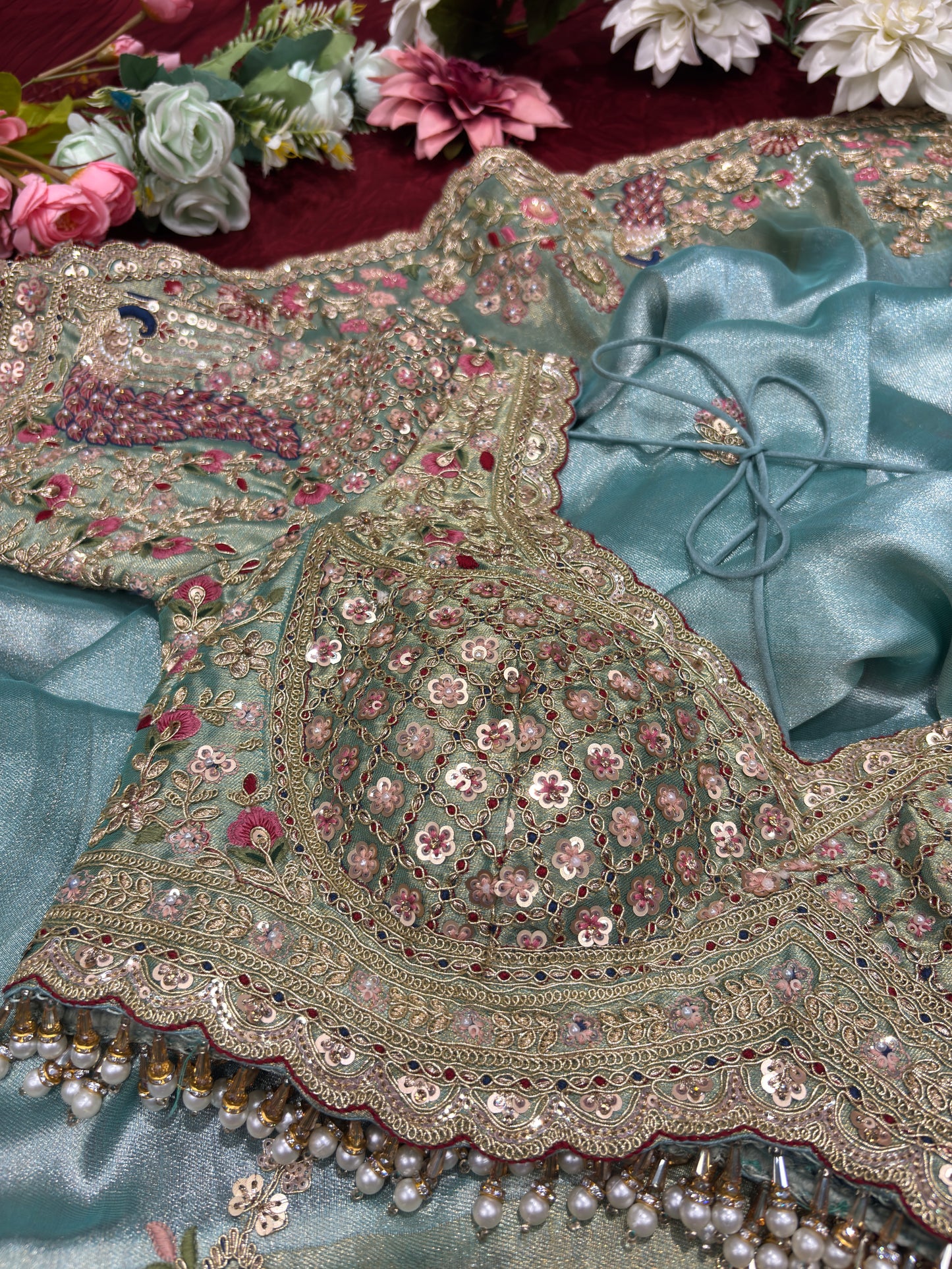 Sea Blue Silk Saree with Peacock Embroidery & Heavy Designer Blouse
