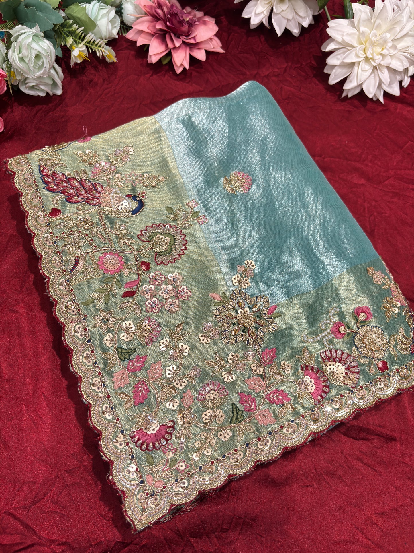 Sea Blue Silk Saree with Peacock Embroidery & Heavy Designer Blouse