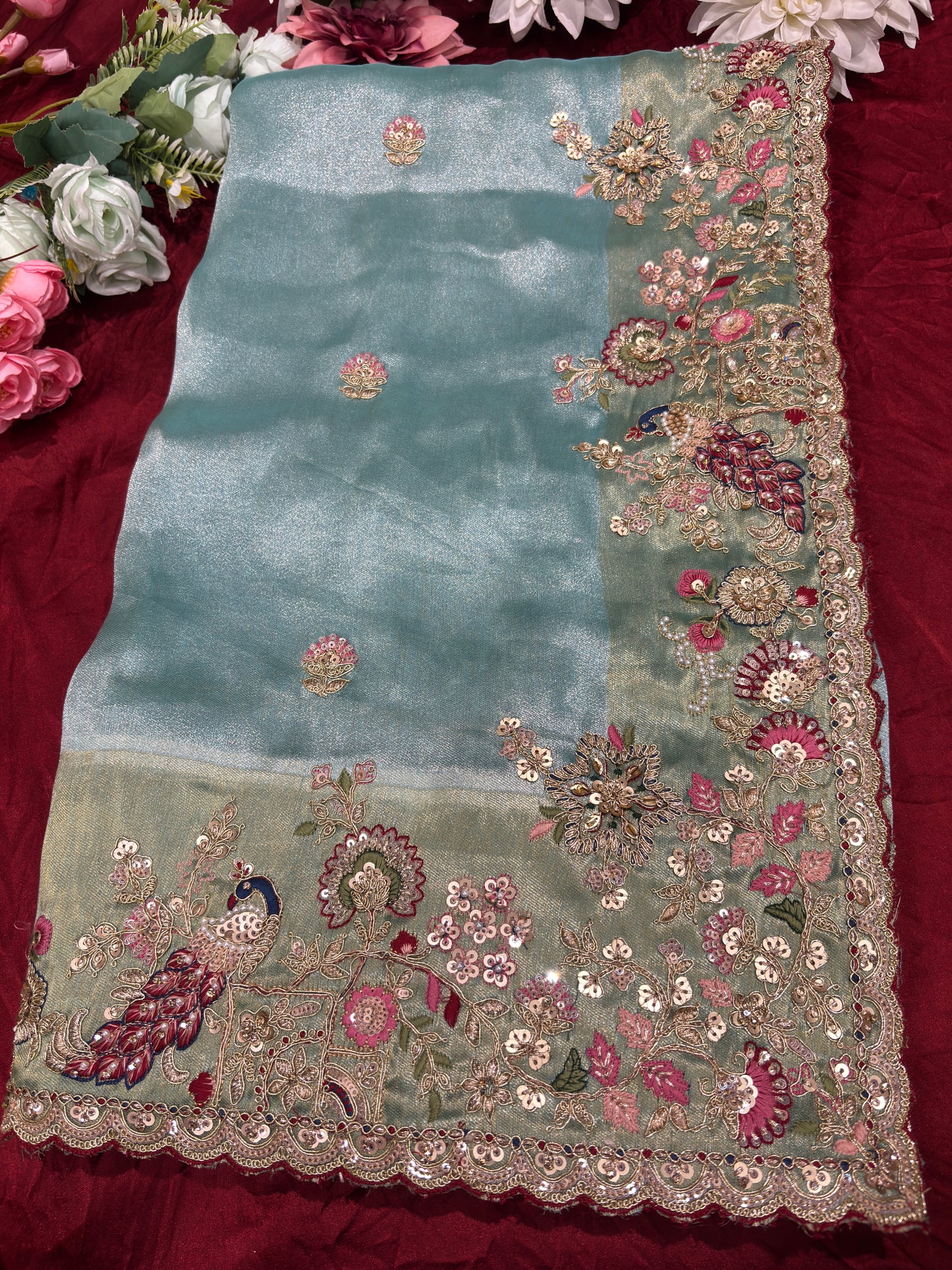 Sea Blue Silk Saree with Peacock Embroidery & Heavy Designer Blouse