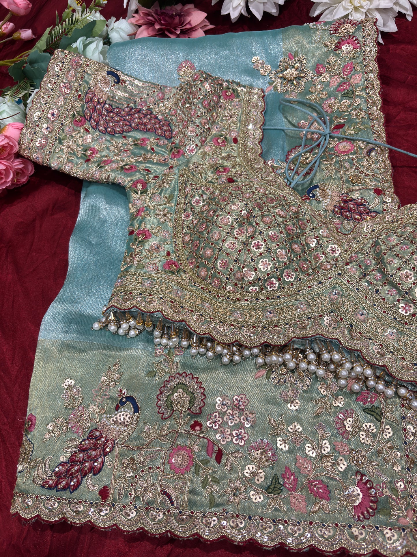 Sea Blue Silk Saree with Peacock Embroidery & Heavy Designer Blouse