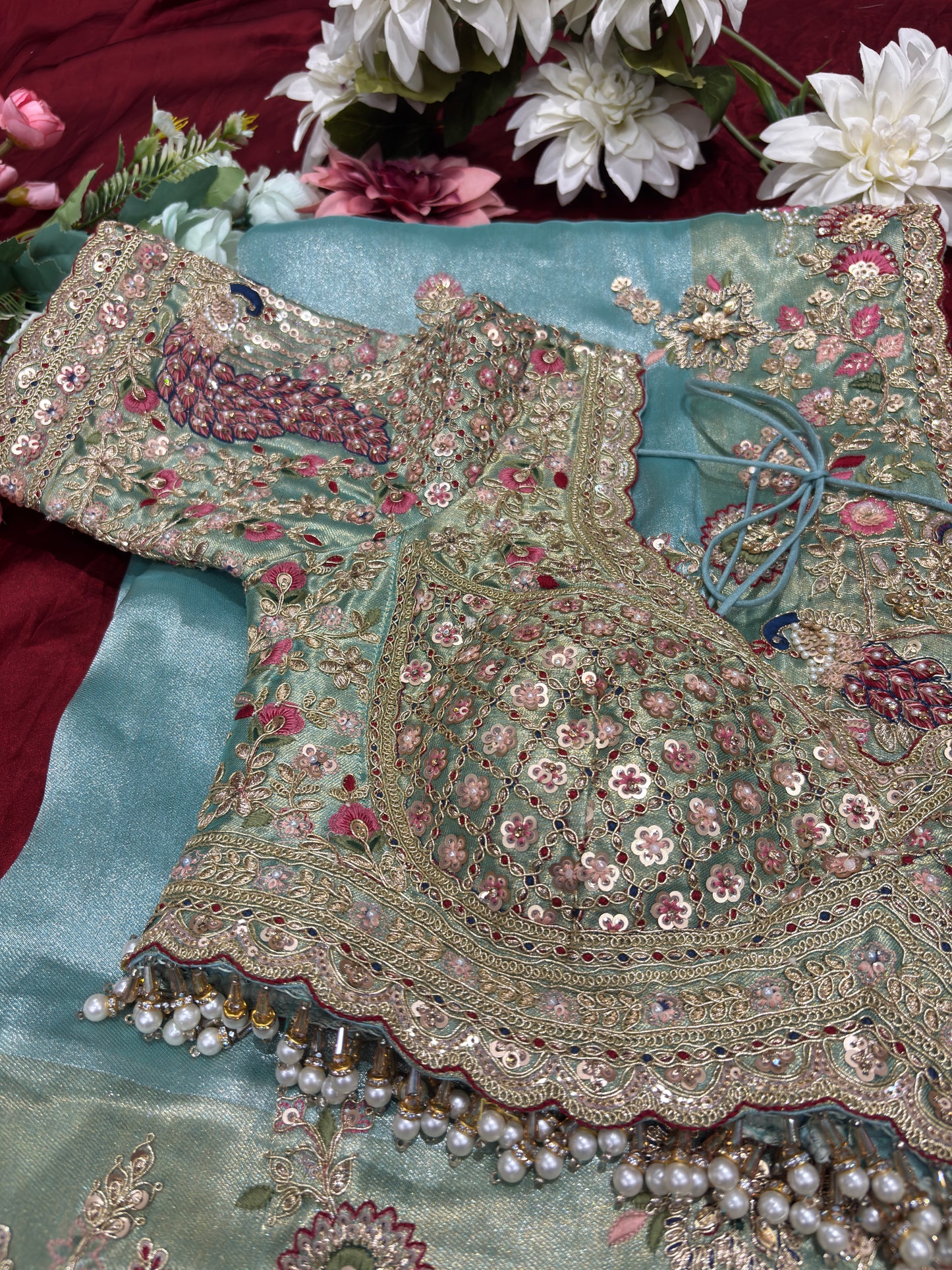 Sea Blue Silk Saree with Peacock Embroidery & Heavy Designer Blouse