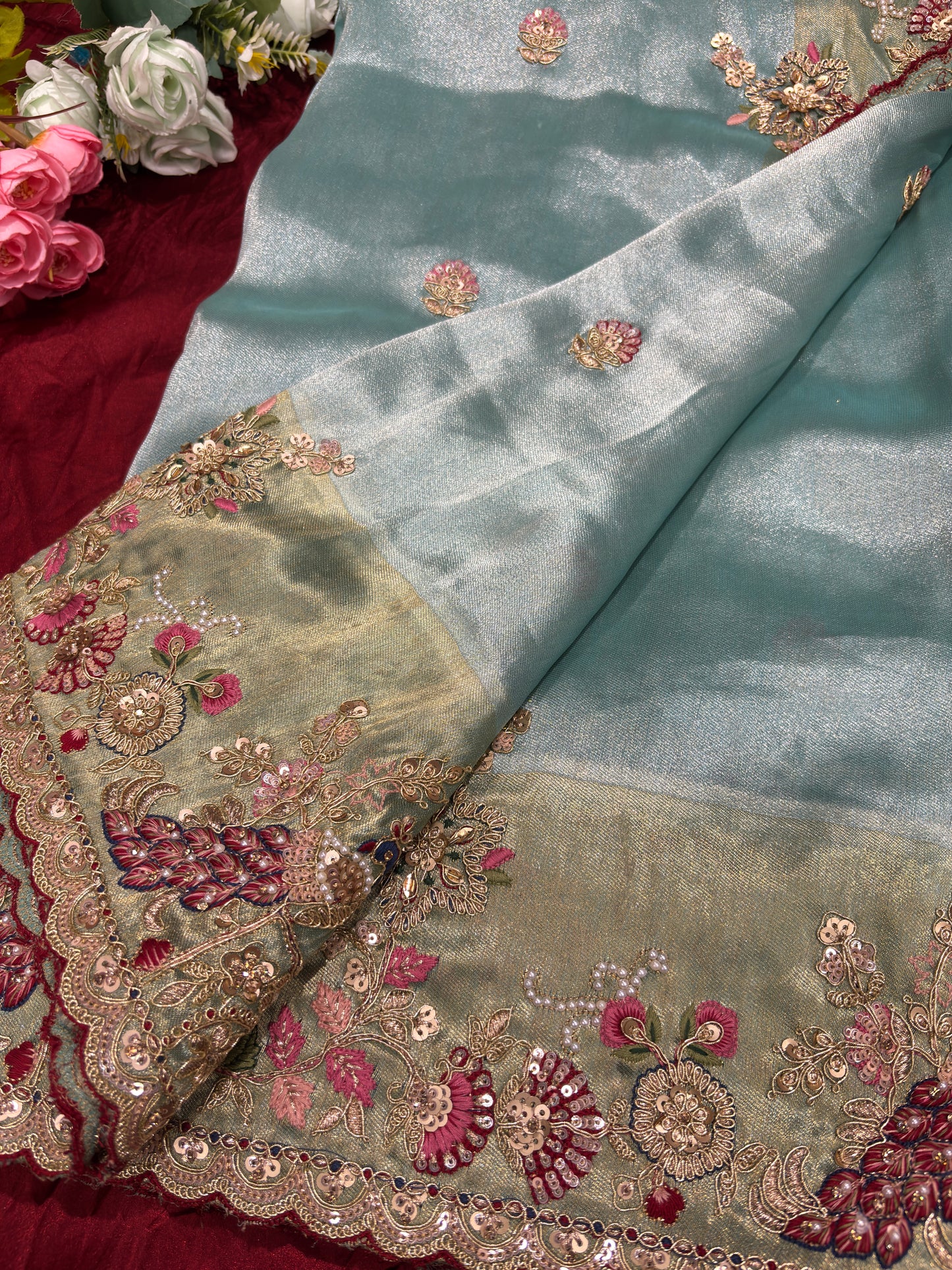 Sea Blue Silk Saree with Peacock Embroidery & Heavy Designer Blouse