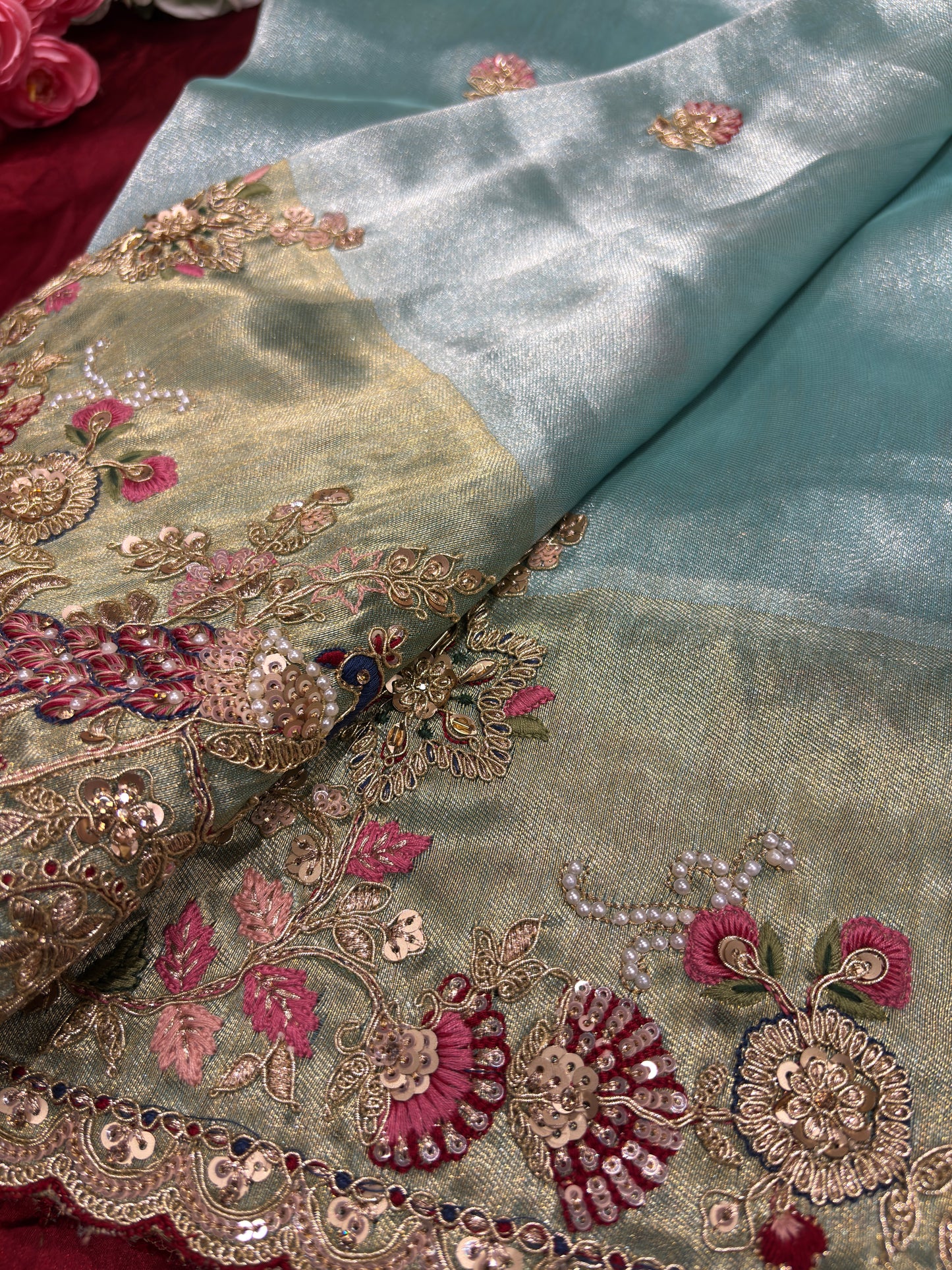 Sea Blue Silk Saree with Peacock Embroidery & Heavy Designer Blouse