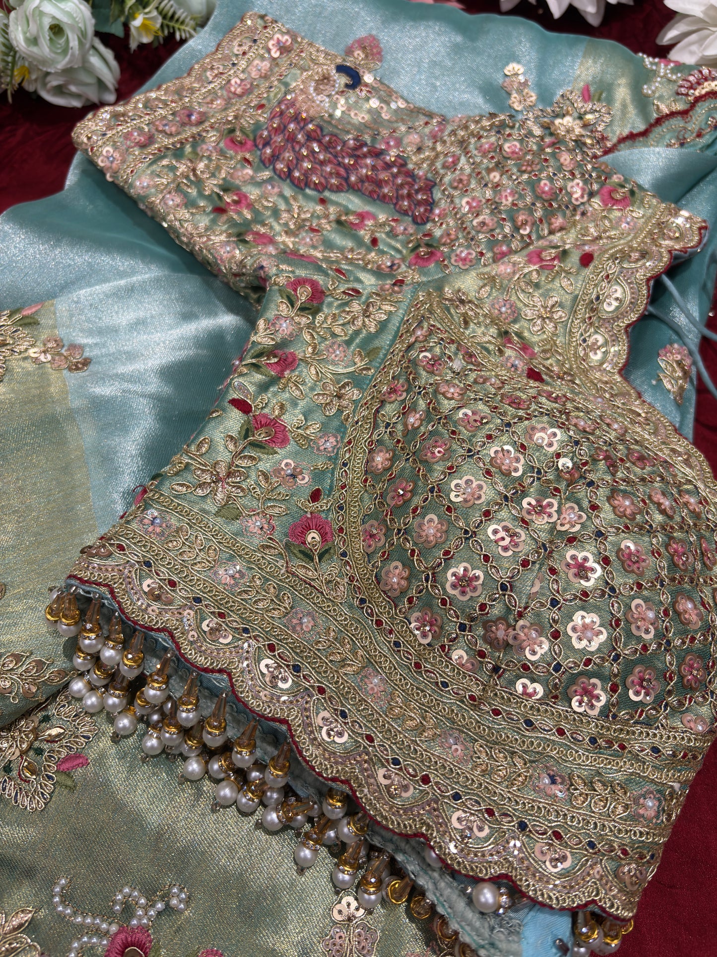 Sea Blue Silk Saree with Peacock Embroidery & Heavy Designer Blouse