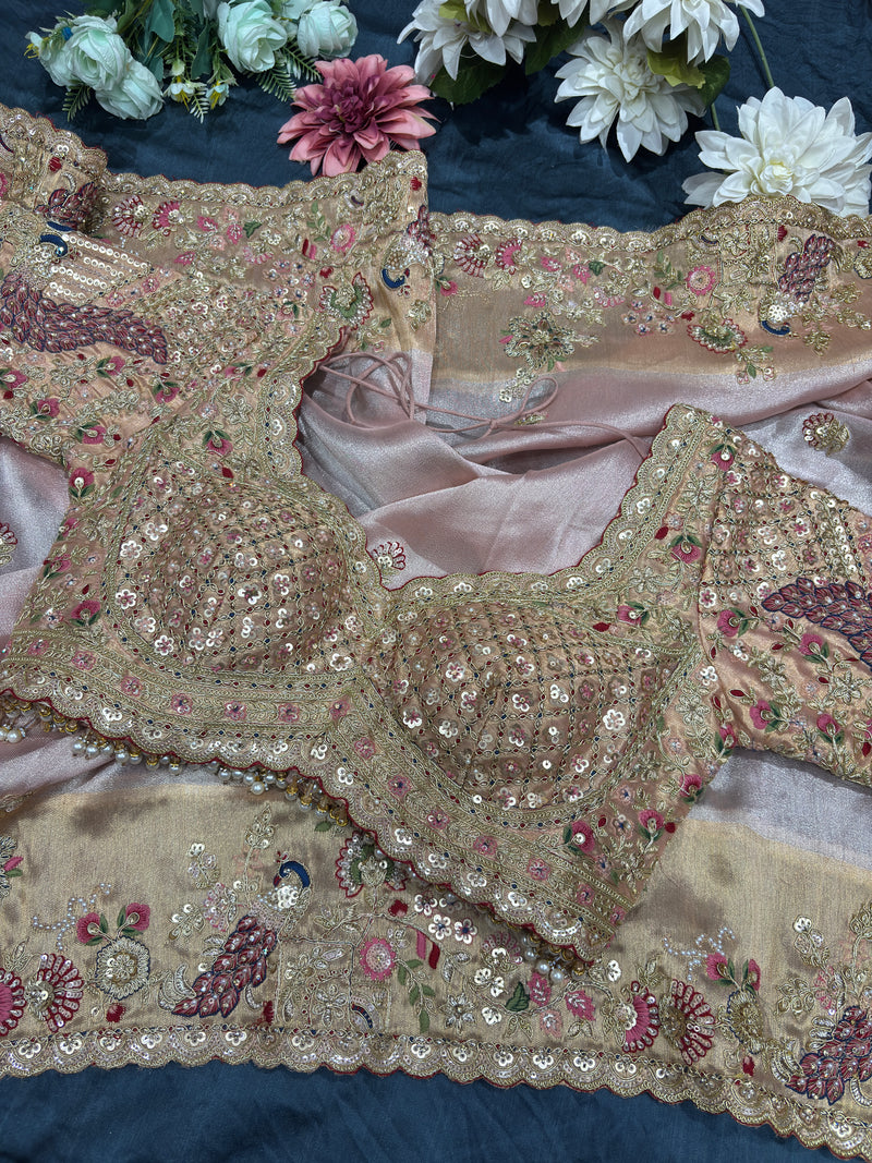Blush Pink Silk Saree with Peacock Embroidery & Heavy Bridal Blouse