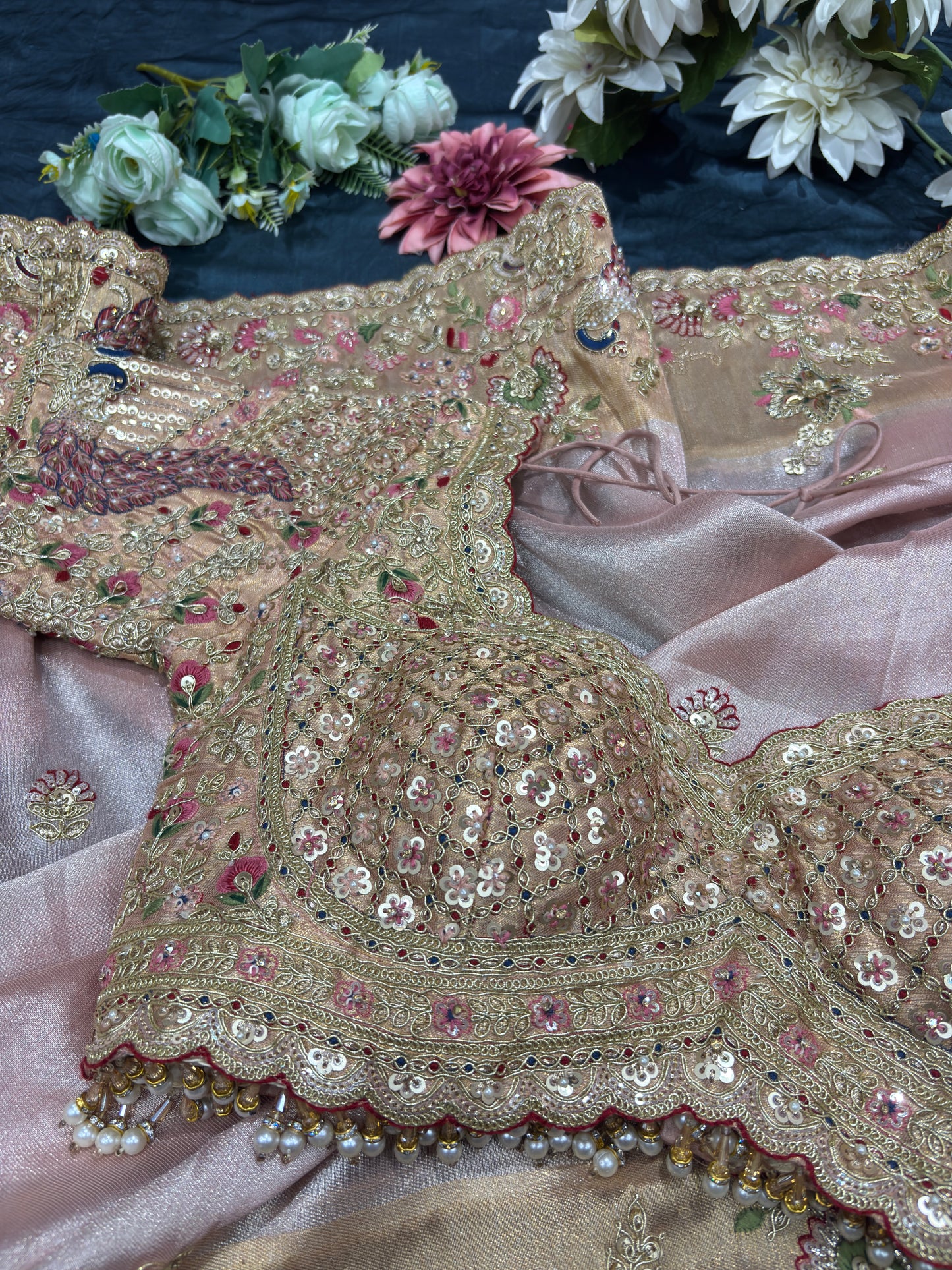 Blush Pink Silk Saree with Peacock Embroidery & Heavy Bridal Blouse