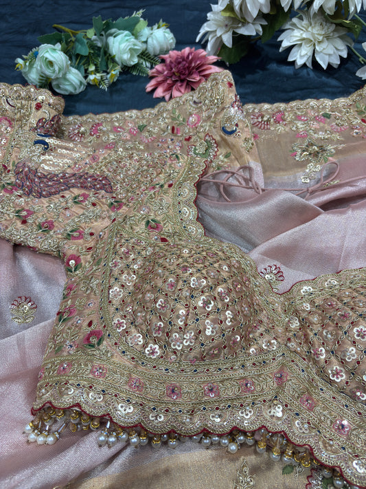 Blush Pink Silk Saree with Peacock Embroidery & Heavy Bridal Blouse
