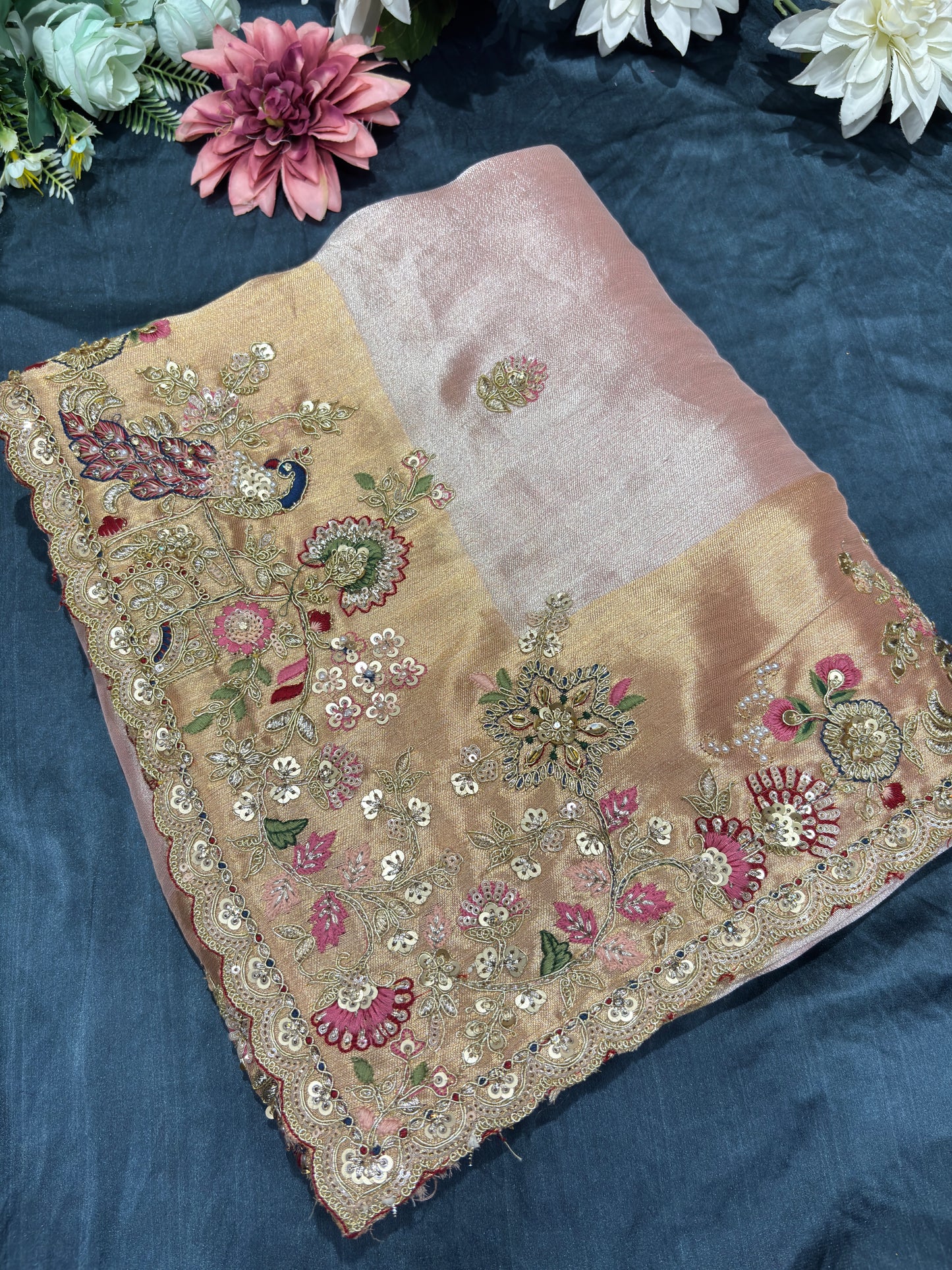 Blush Pink Silk Saree with Peacock Embroidery & Heavy Bridal Blouse