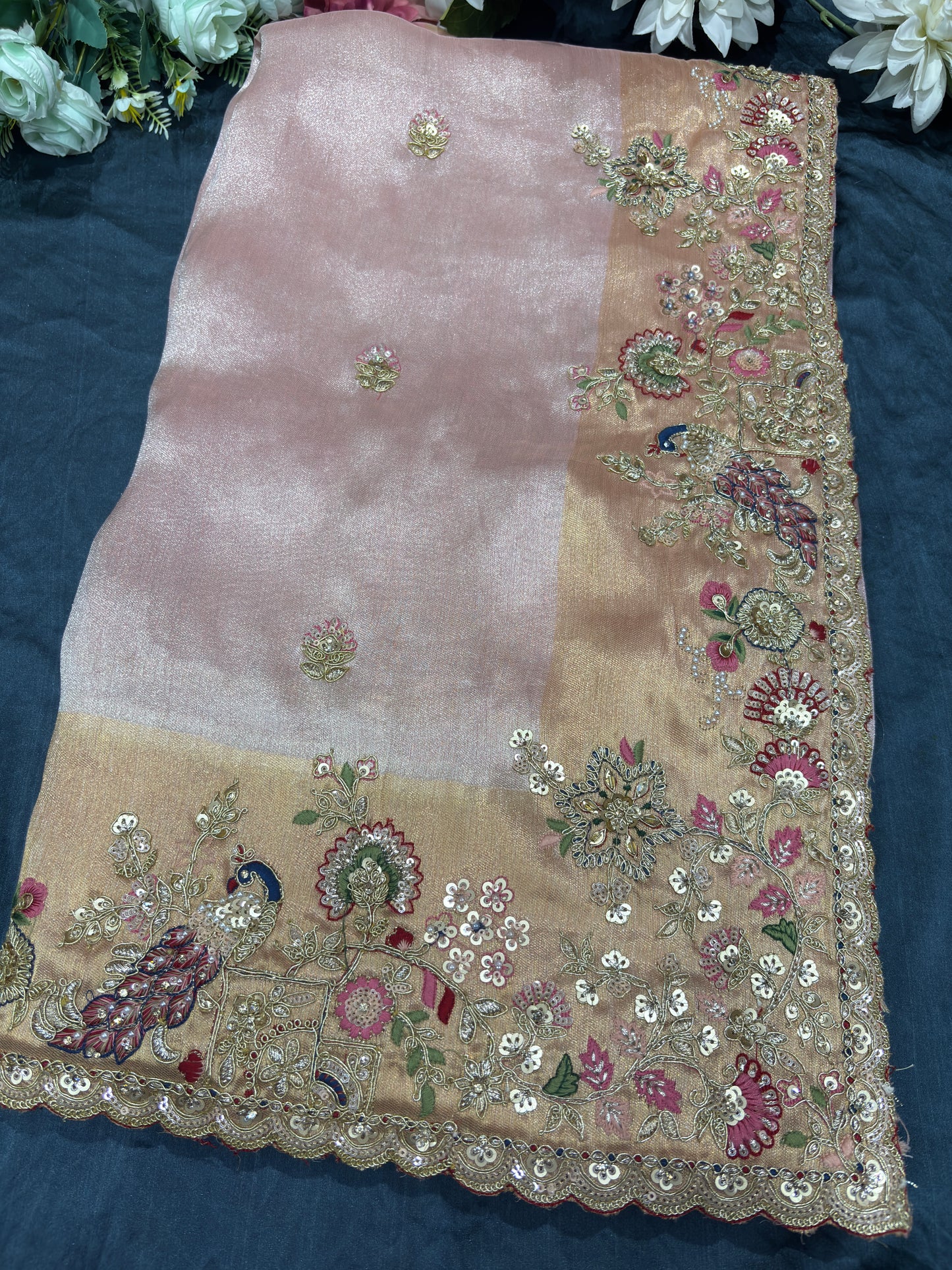Blush Pink Silk Saree with Peacock Embroidery & Heavy Bridal Blouse