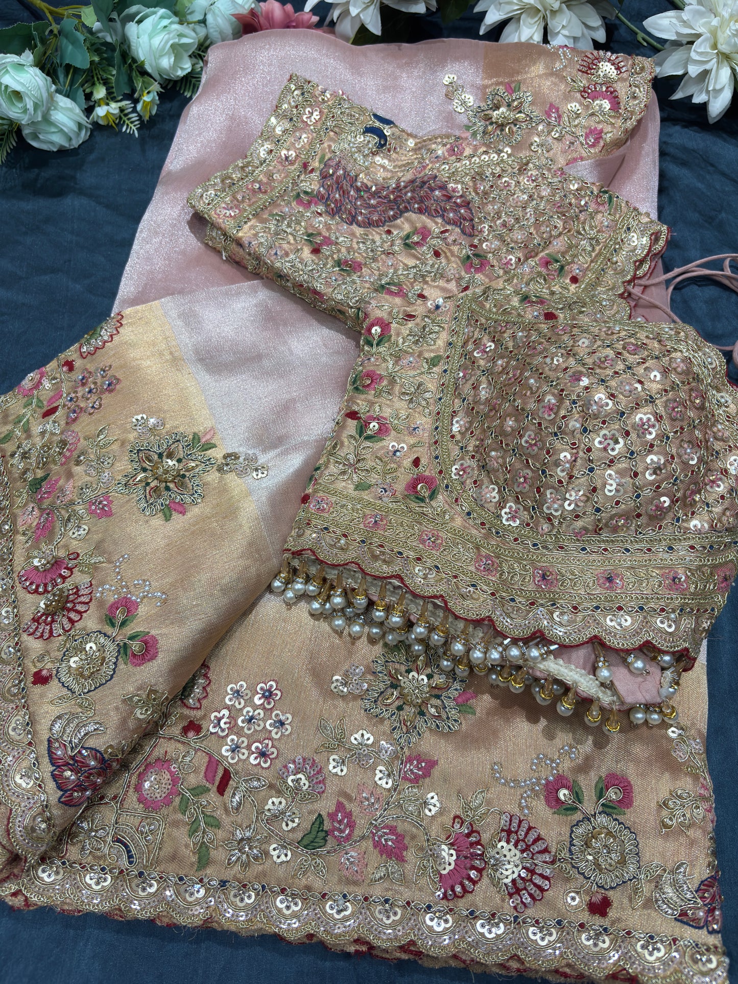 Blush Pink Silk Saree with Peacock Embroidery & Heavy Bridal Blouse