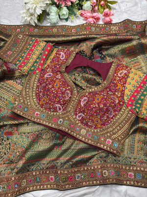 Banarasi Silk Saree with Multicolor Border & Designer Embroidered Blouse