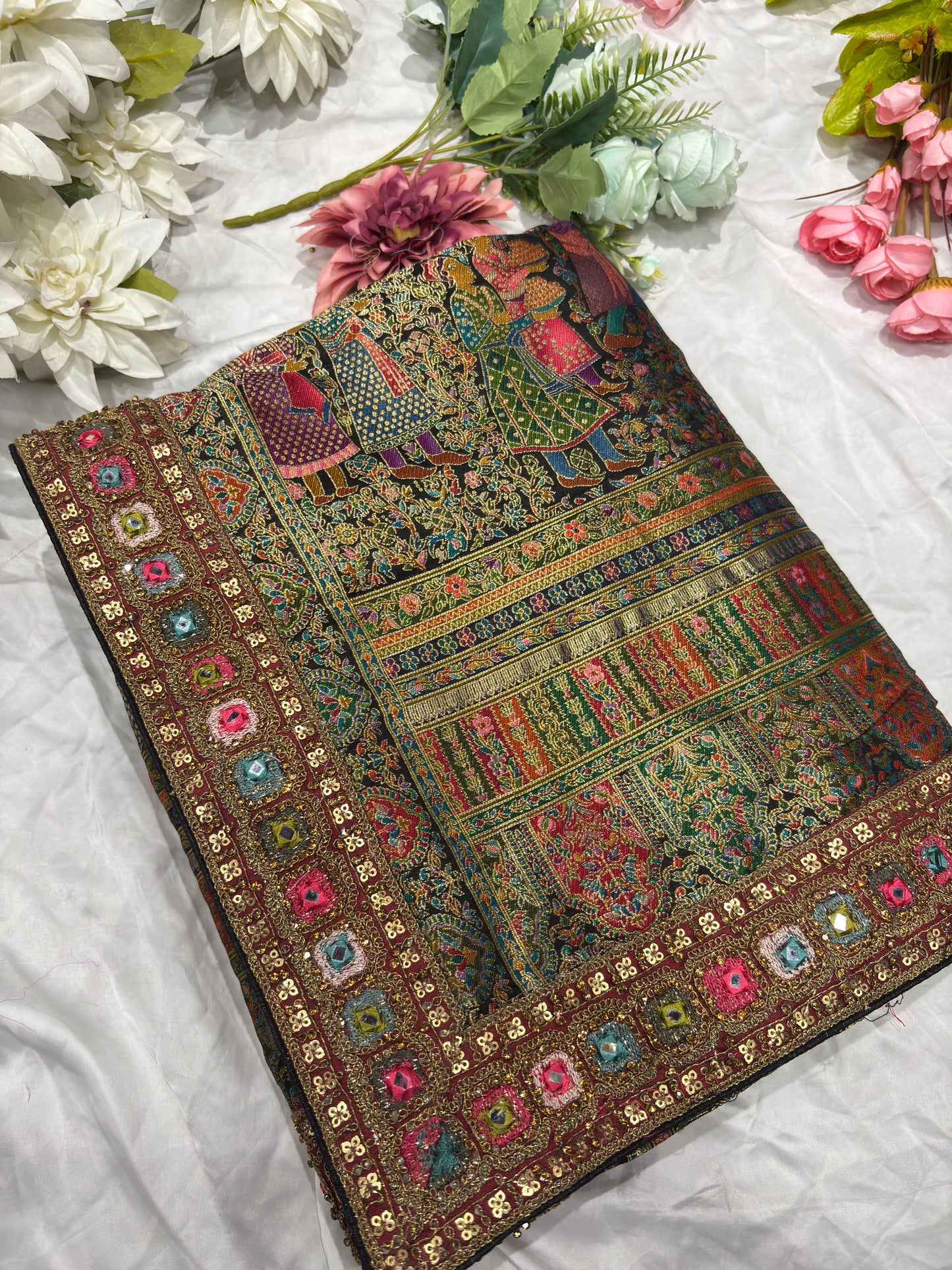 Banarasi Silk Saree with Multicolor Border & Designer Embroidered Blouse