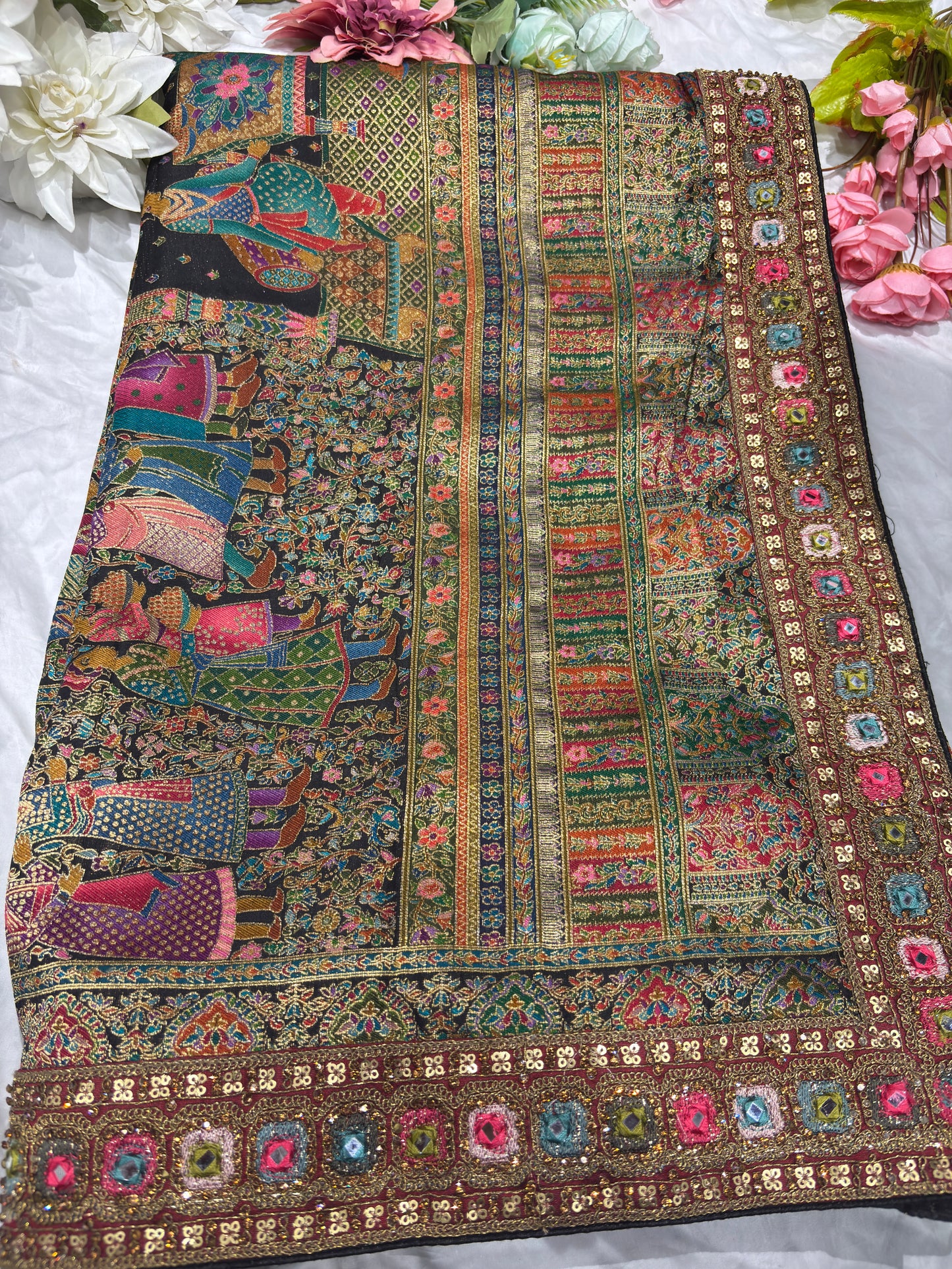 Banarasi Silk Saree with Multicolor Border & Designer Embroidered Blouse