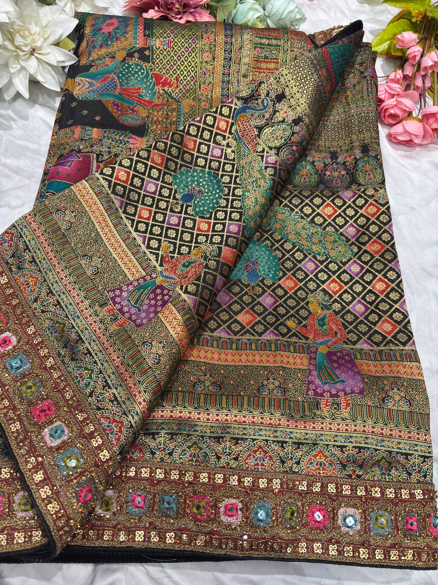 Banarasi Silk Saree with Multicolor Border & Designer Embroidered Blouse