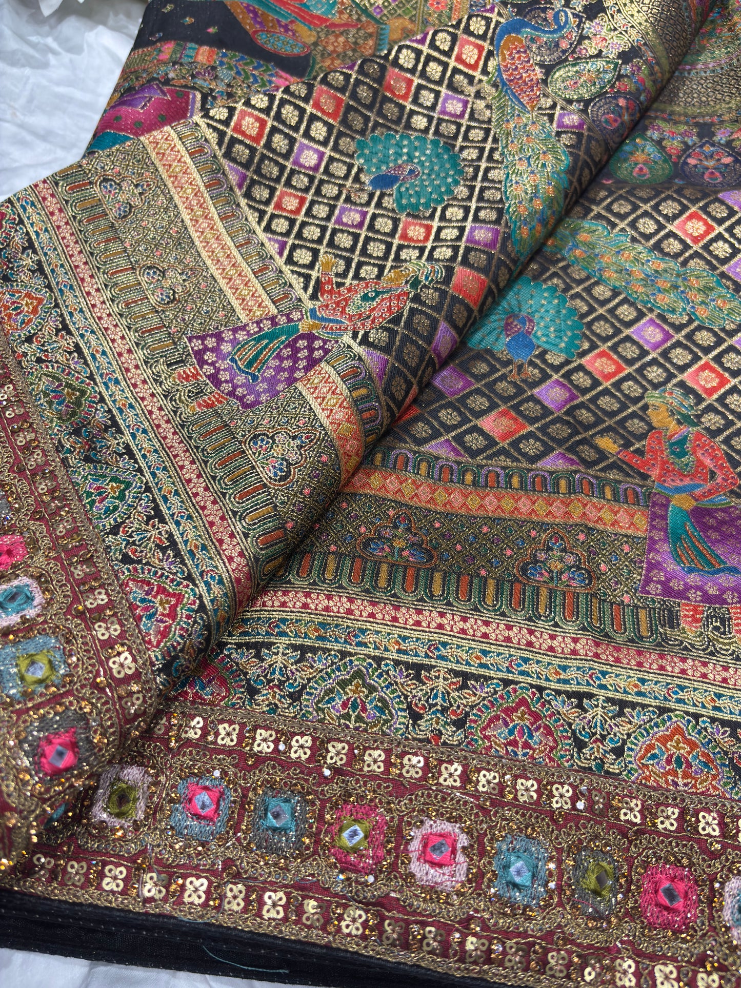 Banarasi Silk Saree with Multicolor Border & Designer Embroidered Blouse