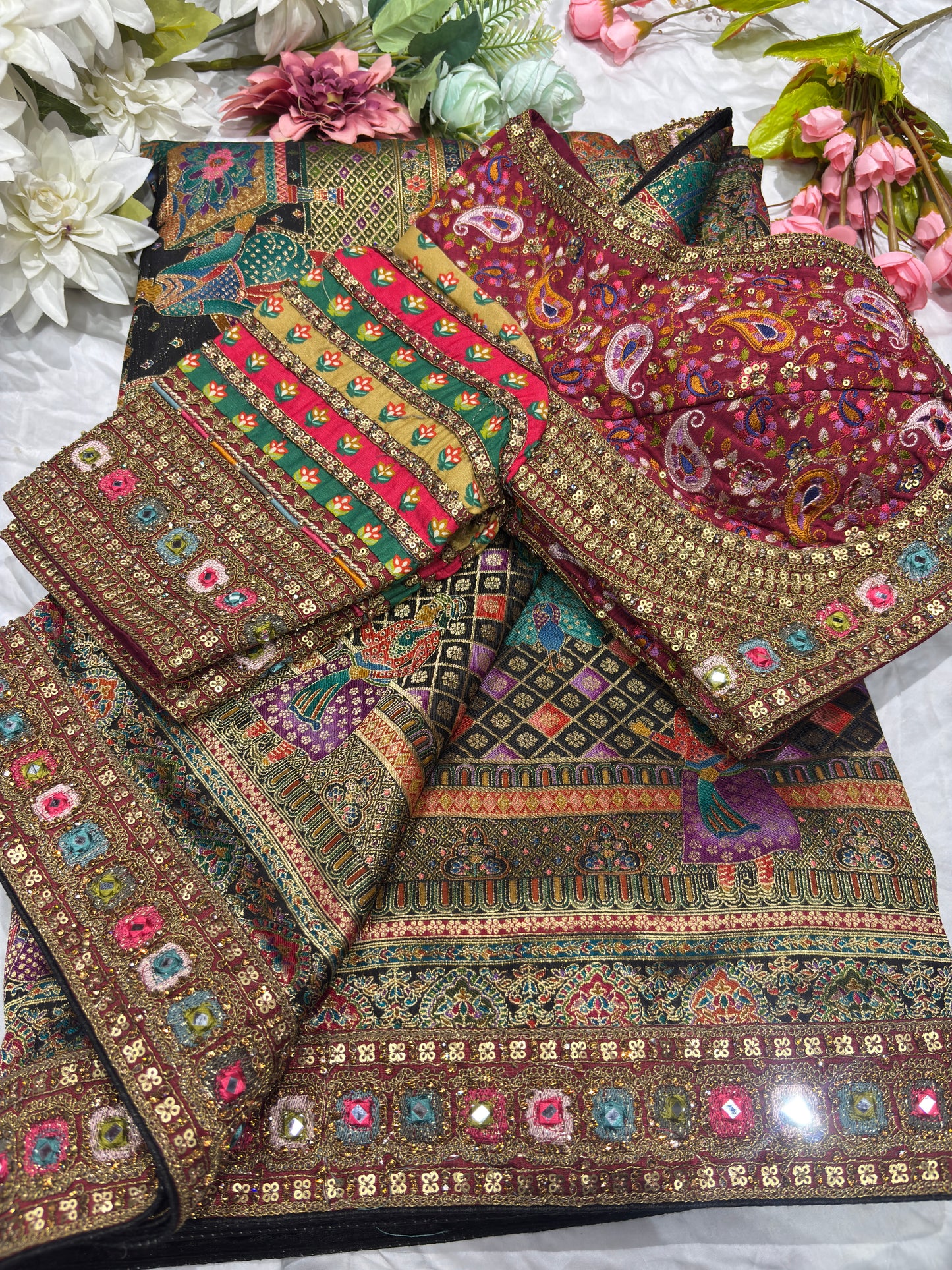 Banarasi Silk Saree with Multicolor Border & Designer Embroidered Blouse