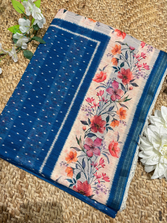 Blue Floral Printed Cotton Saree with Ikat Style Border
