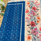 Blue Floral Printed Cotton Saree with Ikat Style Border