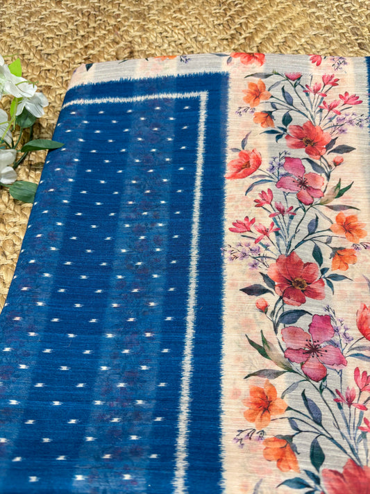 Blue Floral Printed Cotton Saree with Ikat Style Border