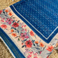 Blue Floral Printed Cotton Saree with Ikat Style Border