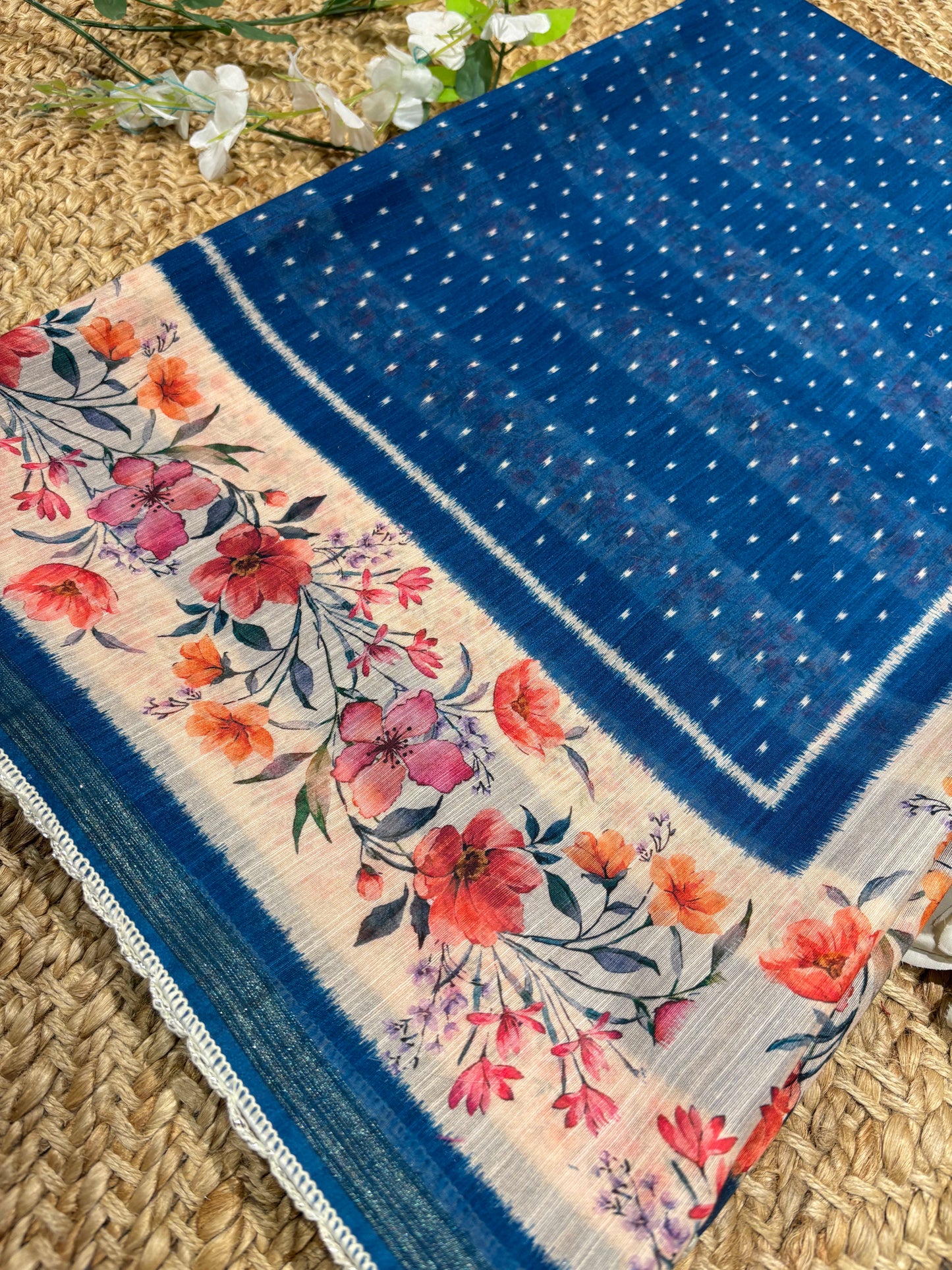 Blue Floral Printed Cotton Saree with Ikat Style Border