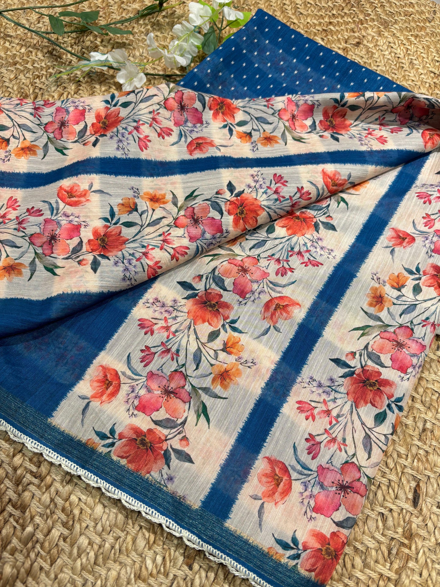 Blue Floral Printed Cotton Saree with Ikat Style Border