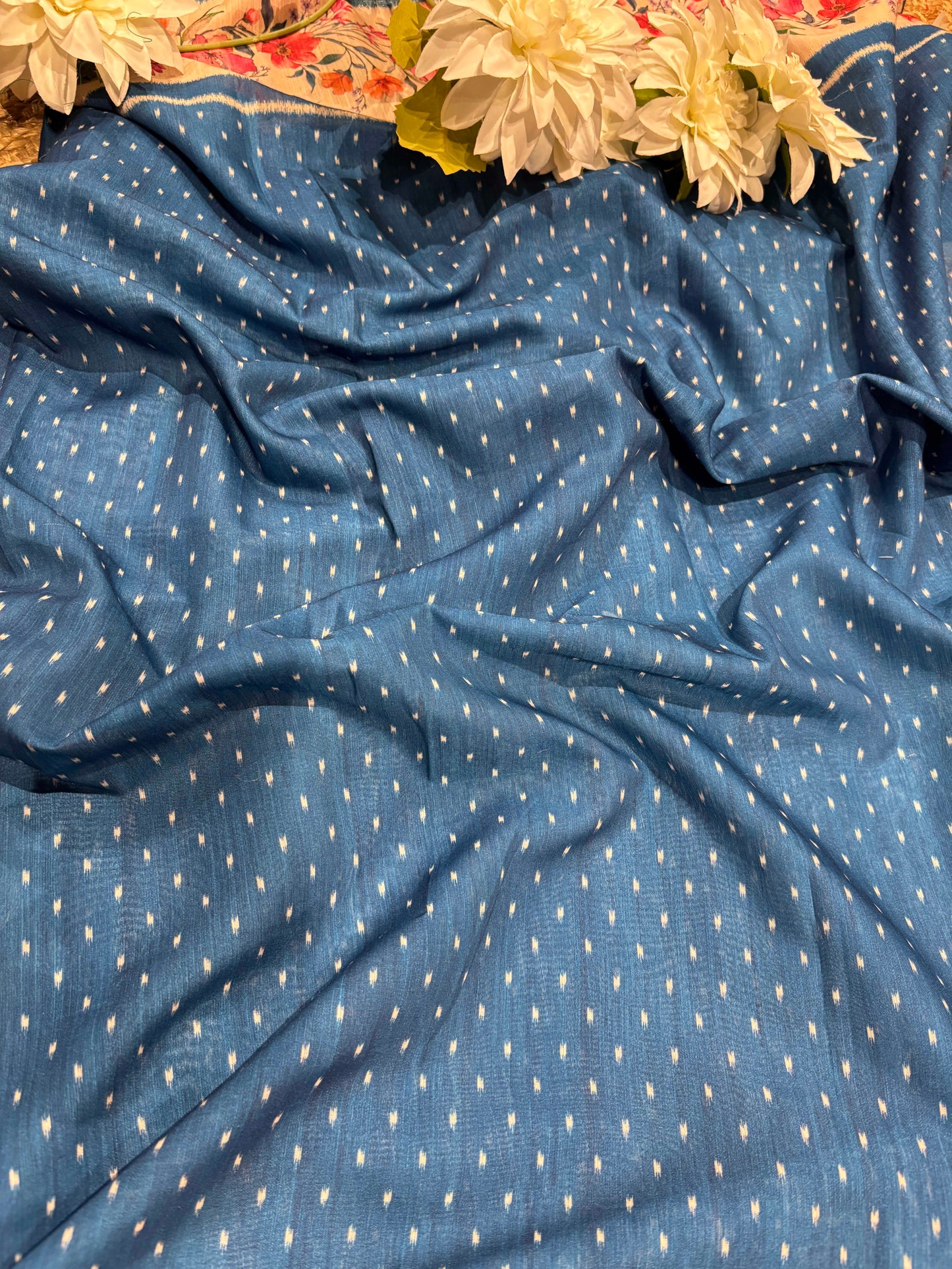 Blue Floral Printed Cotton Saree with Ikat Style Border