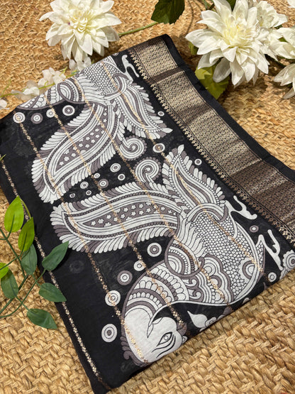 Black Kalamkari Printed Saree with Gold Zari Border