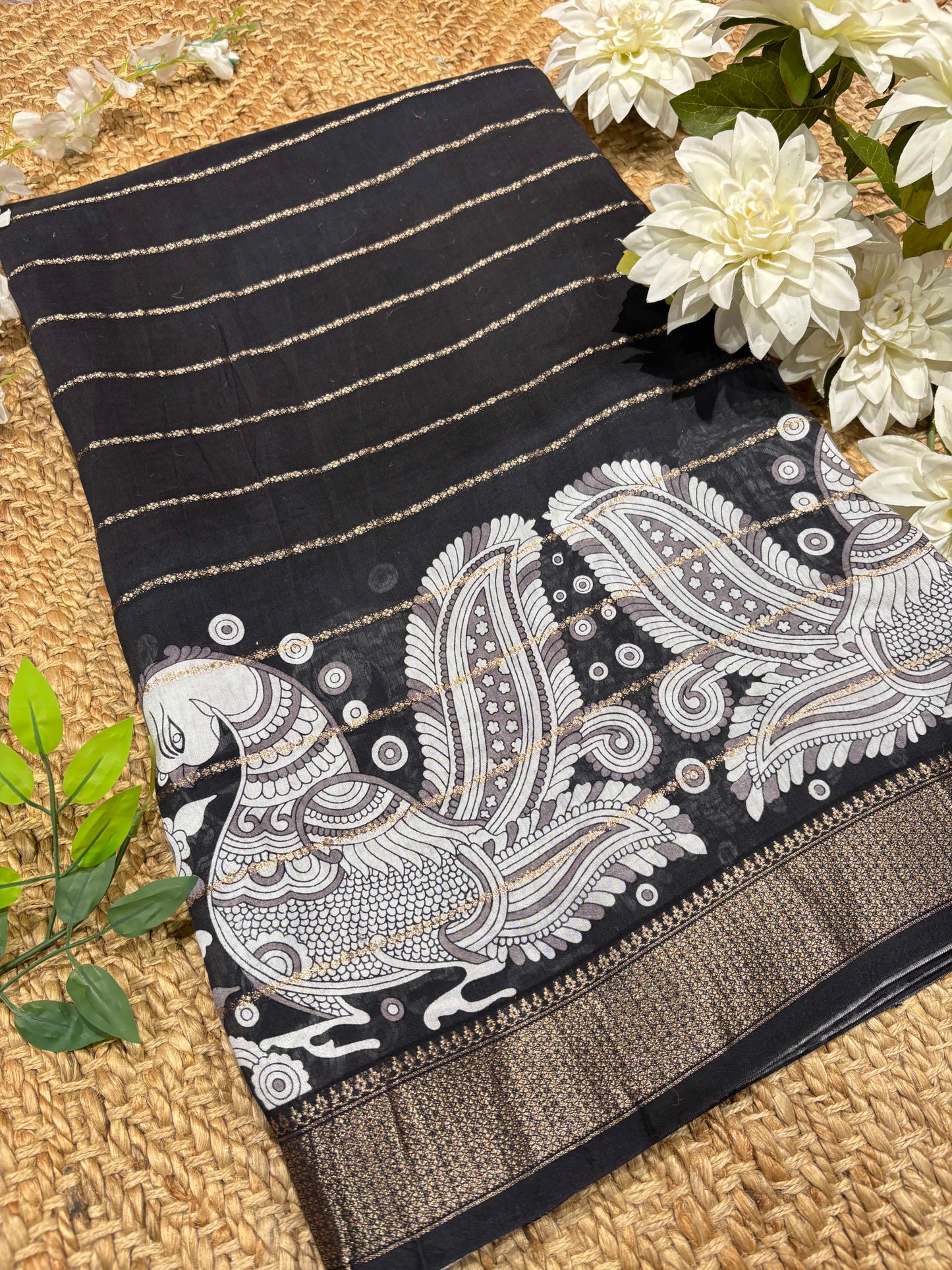 Black Kalamkari Printed Saree with Gold Zari Border