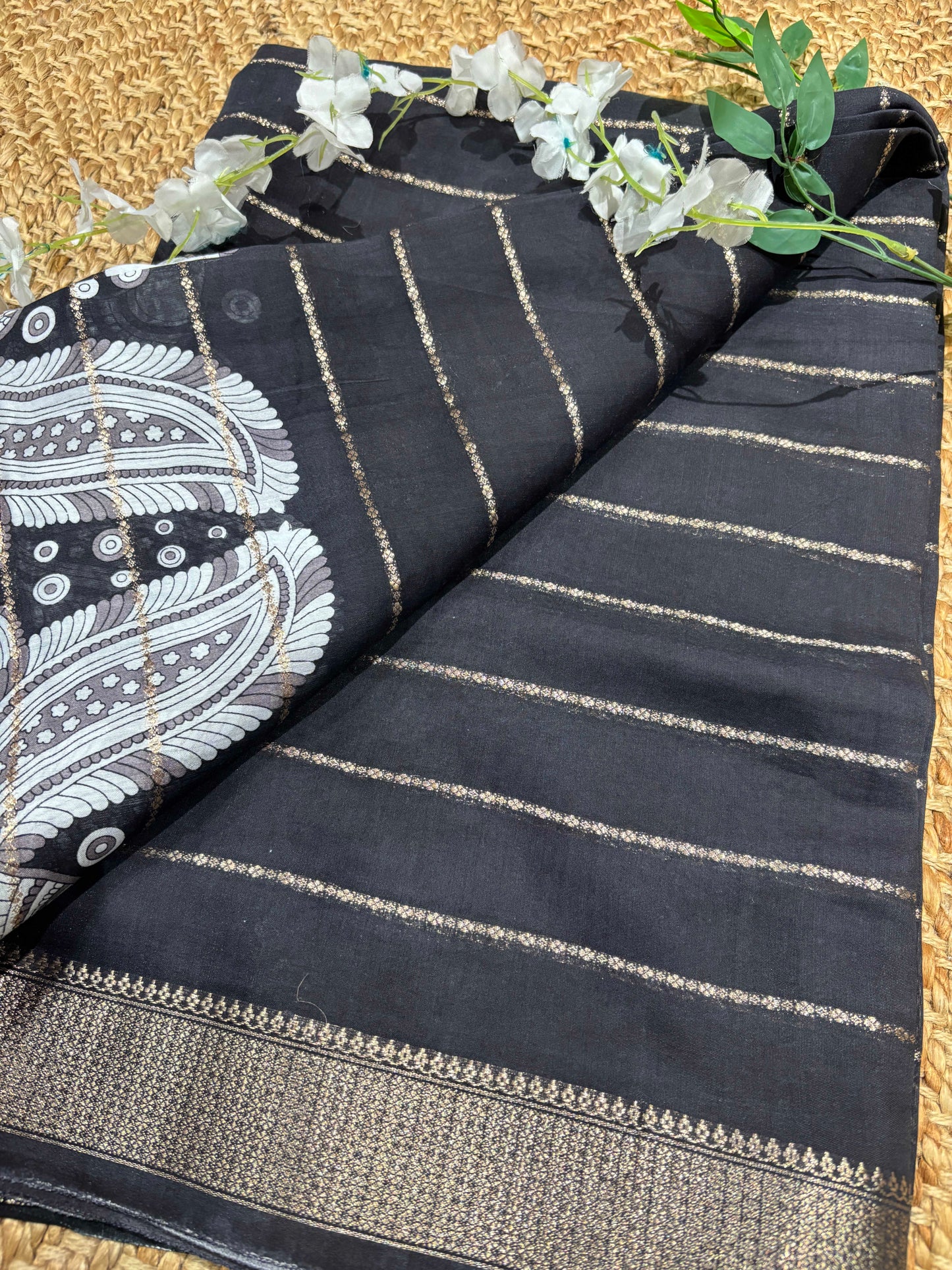Black Kalamkari Printed Saree with Gold Zari Border