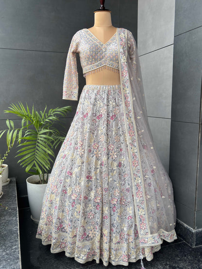 Off-White Designer Lehenga with Miror & Sequins Work