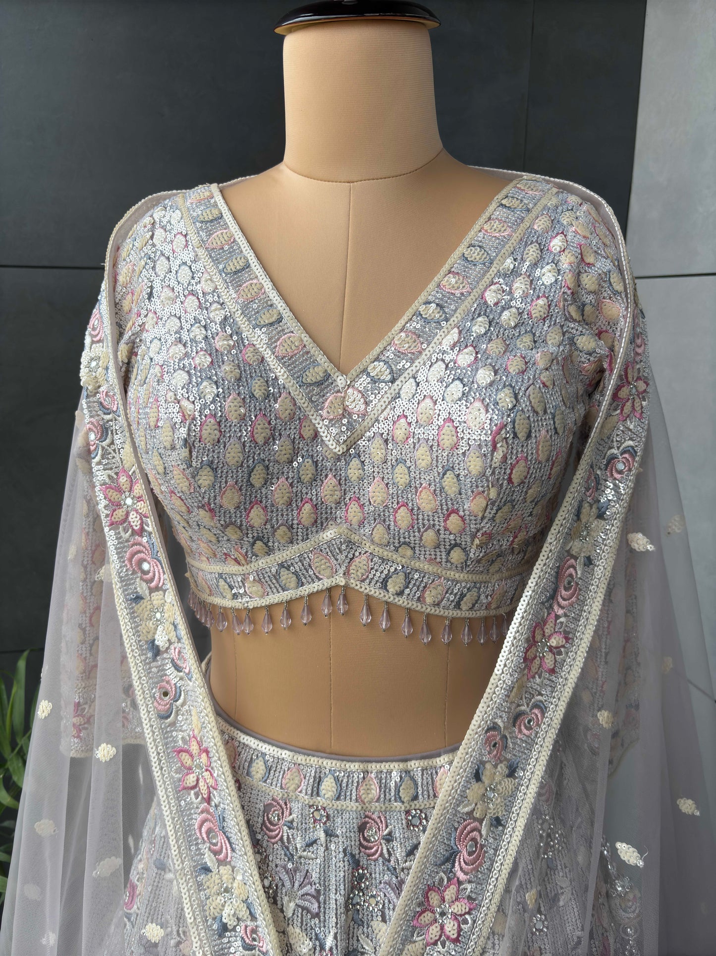 Off-White Designer Lehenga with Miror & Sequins Work