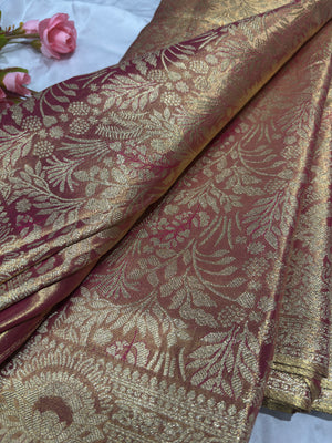 Wine Gold Kanchipuram Silk Saree with Floral Zari Weaving