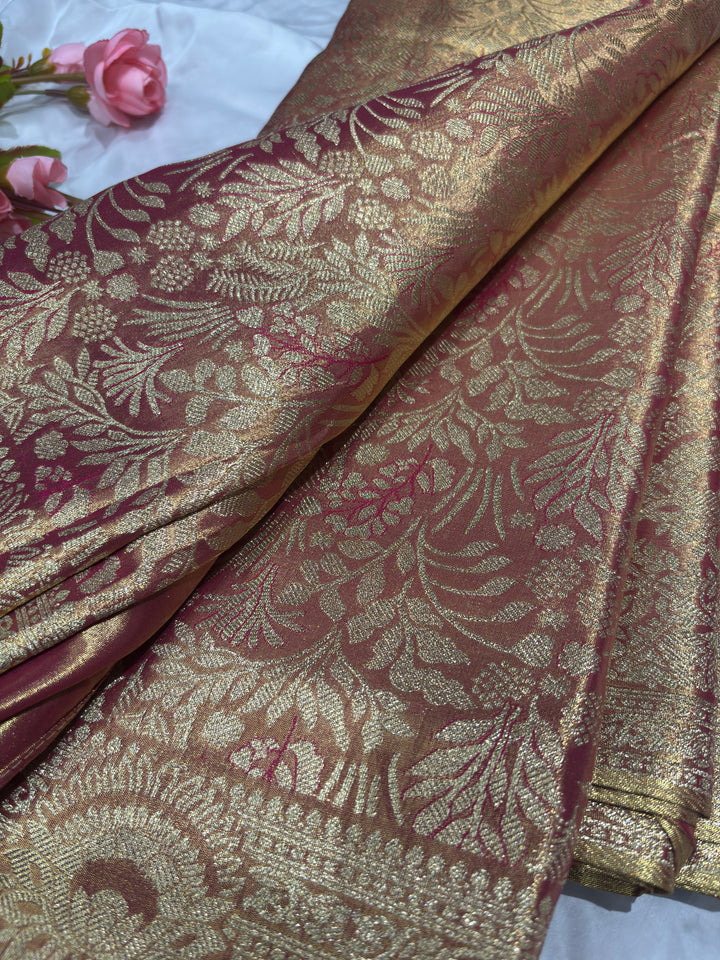 Wine Gold Kanchipuram Silk Saree with Floral Zari Weaving