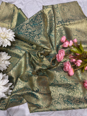 Green Kanchipuram Silk Saree with Floral Zari Weaving