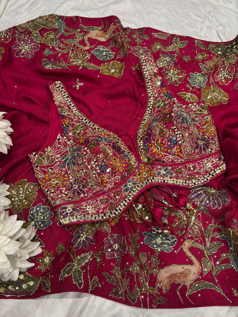 Hot Pink Designer Saree with Multicolor Embroidery & Mirror Work Blouse