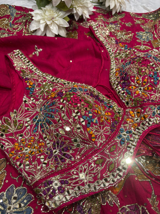 Hot Pink Designer Saree with Multicolor Embroidery & Mirror Work Blouse