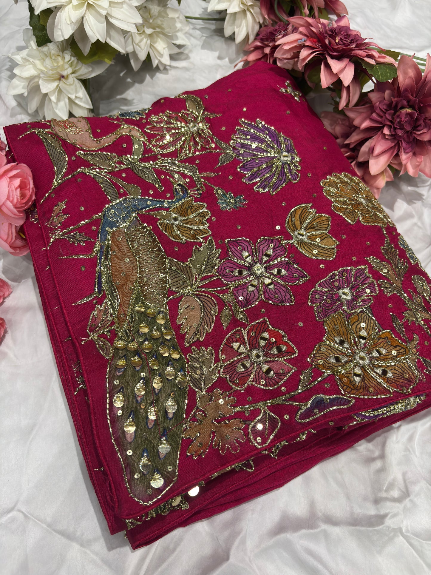 Hot Pink Designer Saree with Multicolor Embroidery & Mirror Work Blouse