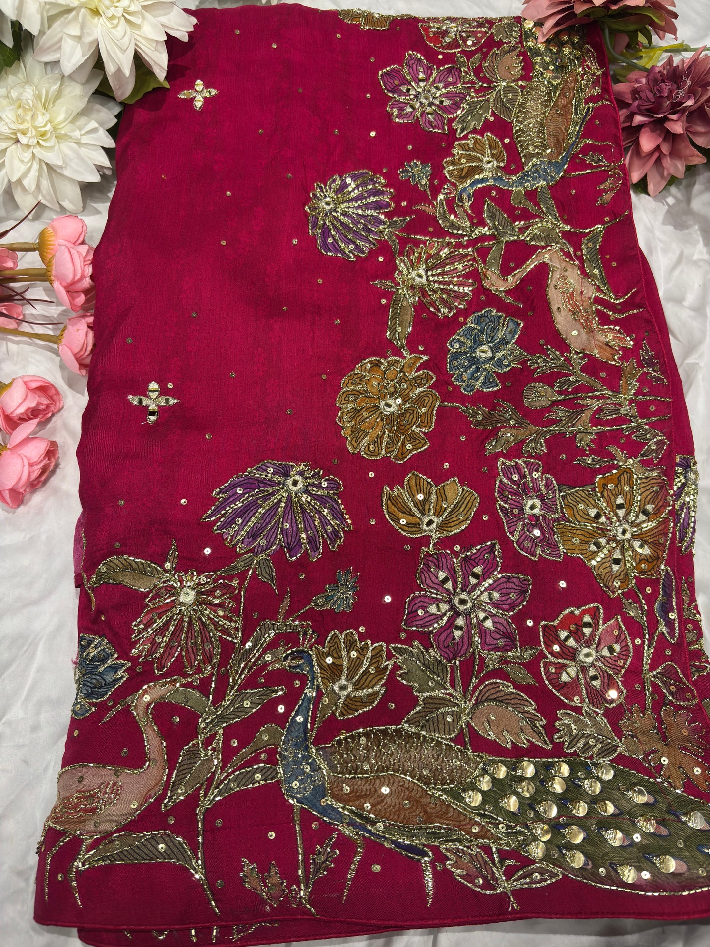 Hot Pink Designer Saree with Multicolor Embroidery & Mirror Work Blouse