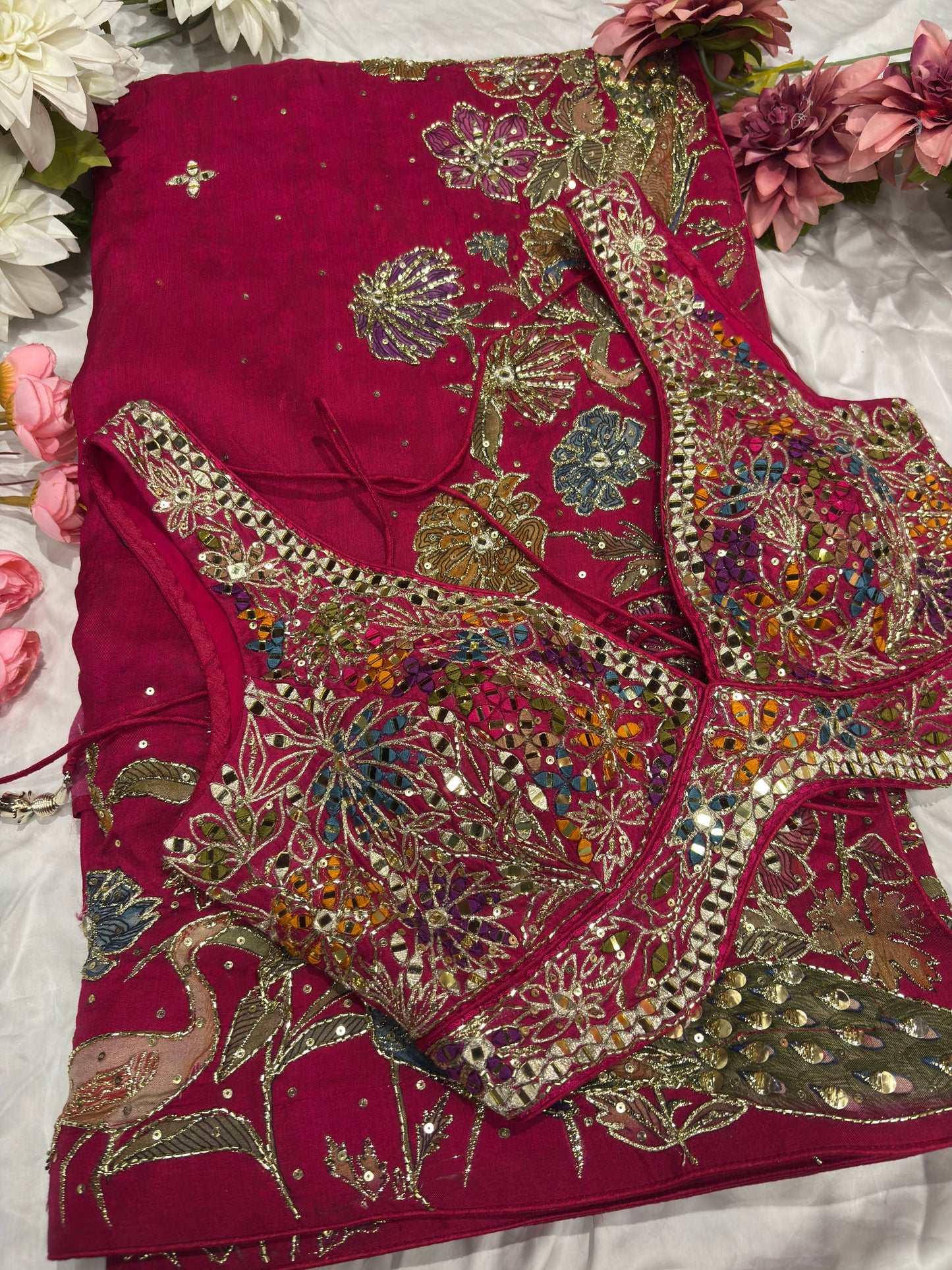 Hot Pink Designer Saree with Multicolor Embroidery & Mirror Work Blouse
