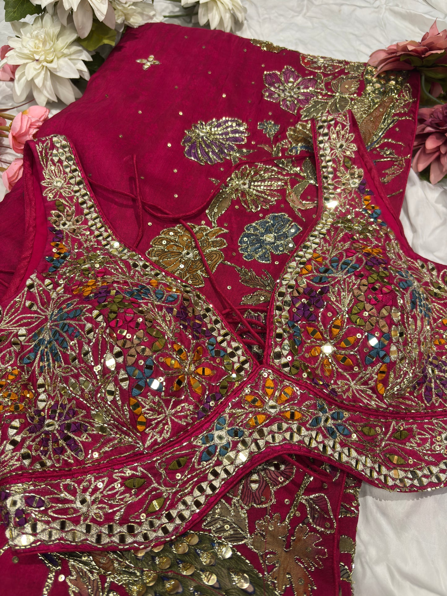 Hot Pink Designer Saree with Multicolor Embroidery & Mirror Work Blouse