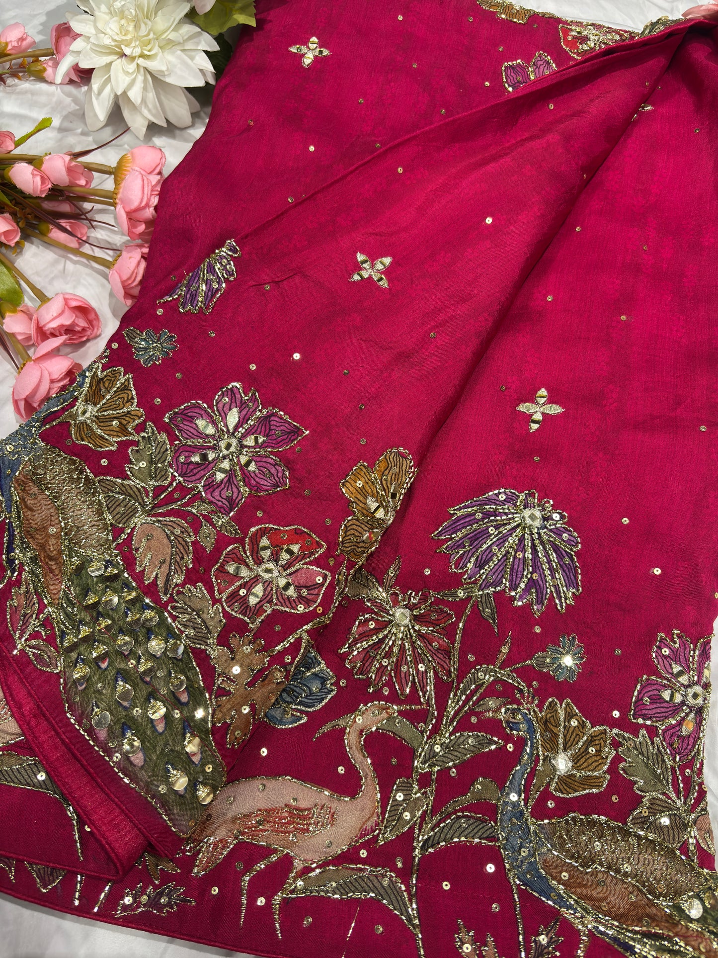 Hot Pink Designer Saree with Multicolor Embroidery & Mirror Work Blouse