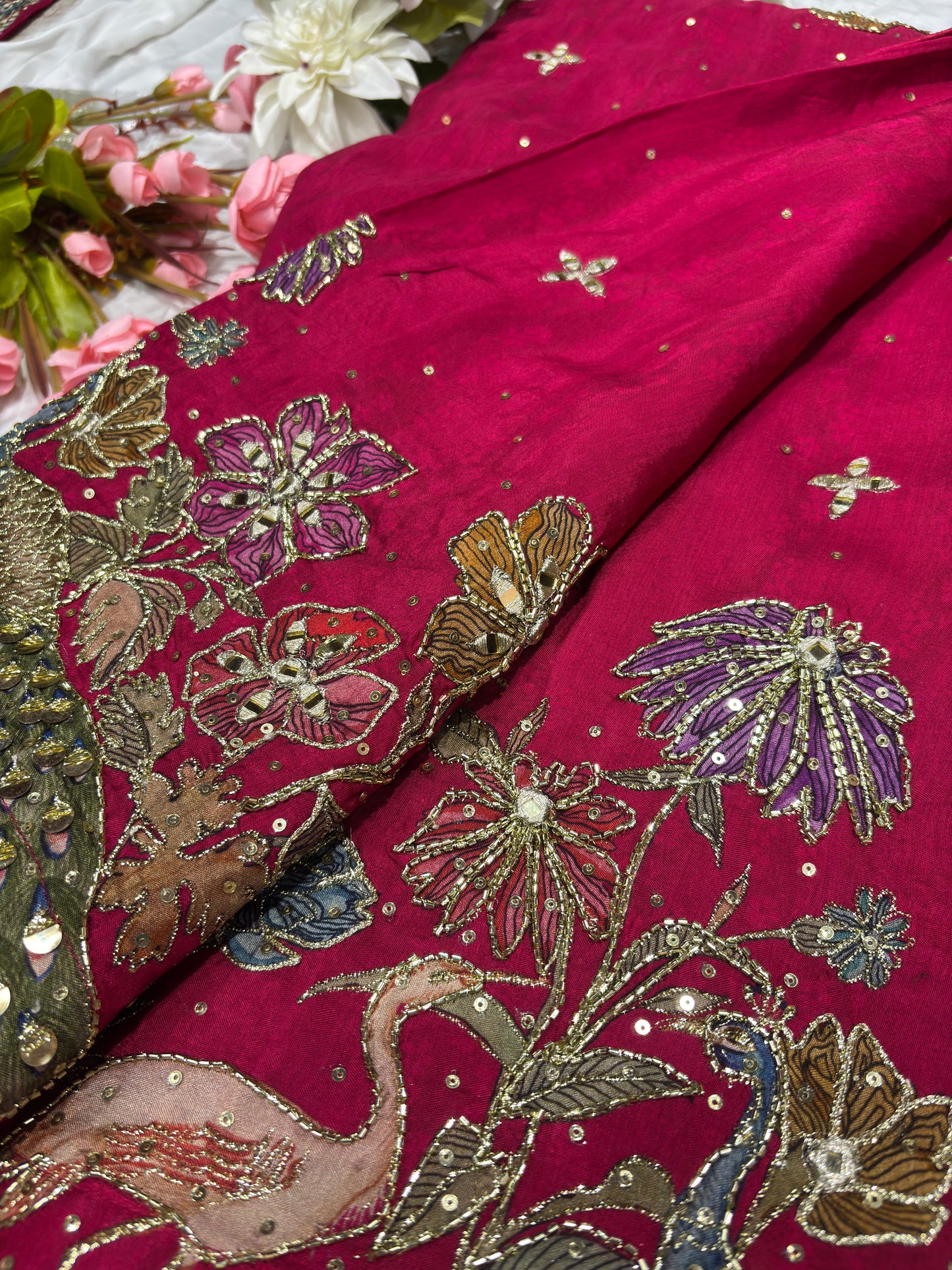 Hot Pink Designer Saree with Multicolor Embroidery & Mirror Work Blouse