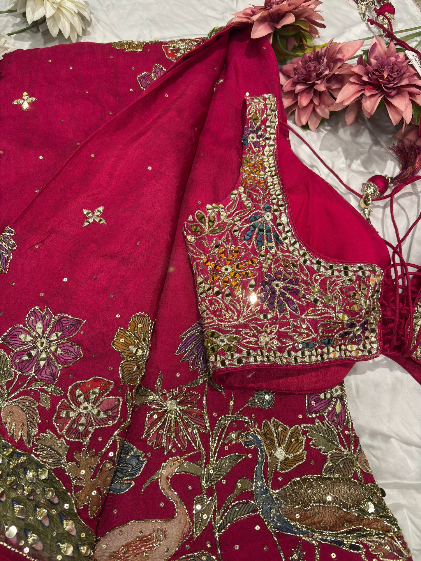 Hot Pink Designer Saree with Multicolor Embroidery & Mirror Work Blouse