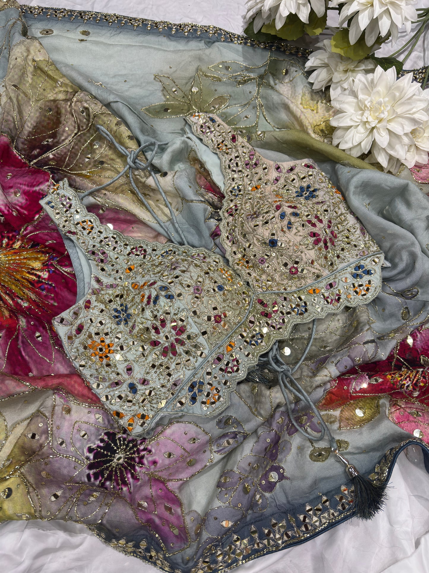 Pastel Grey Saree with Floral Print & Mirror Work Designer Blouse