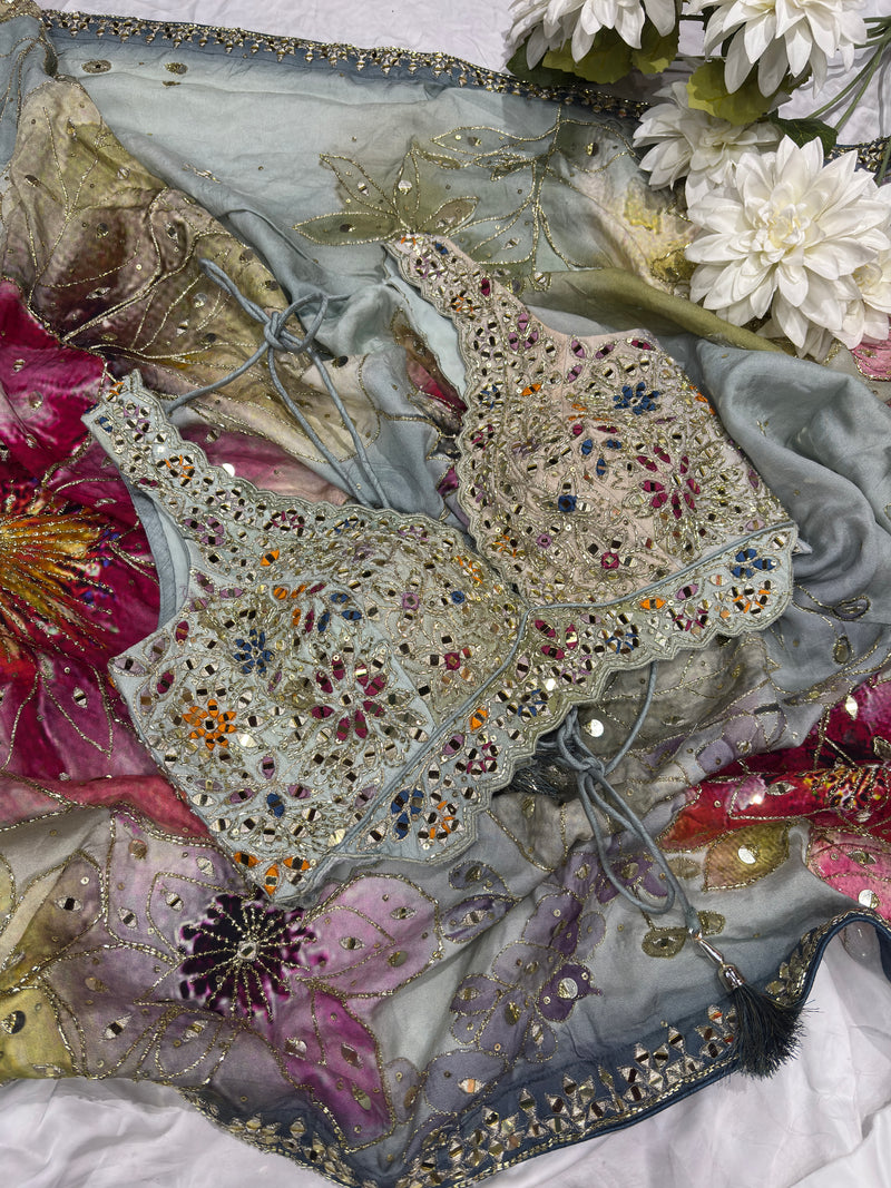 Pastel Grey Saree with Floral Print & Mirror Work Designer Blouse